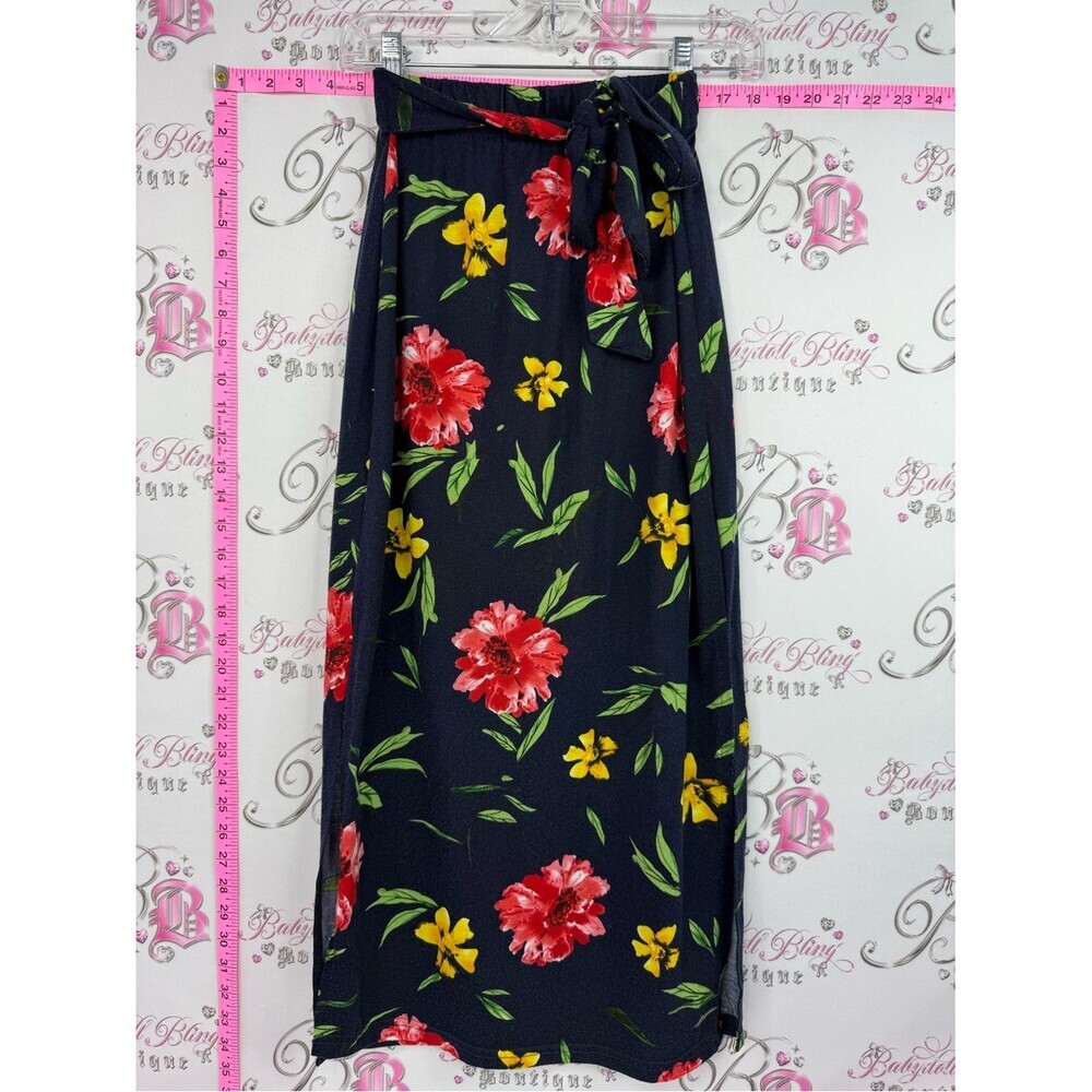 Magazine skirt long Floral Tie-Waist Maxi Skirt - Navy with Red & Yellow Flowers